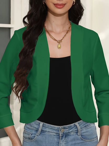 Effortless Cropped Knit Jacket for Women with Open Front Elbow Sleeve Relaxed Casual Style