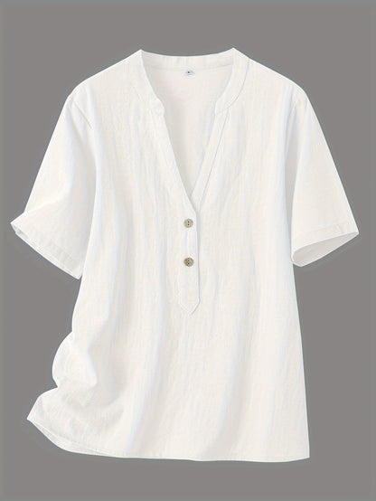 Effortless Textured Linen Blouse for Women with Notch V Neck Short Sleeve Button Front Relaxed Style