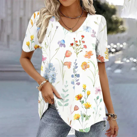 Effortless Floral Print Tunic Top for Women with V Neck Short Sleeve Curved Hem Relaxed Style