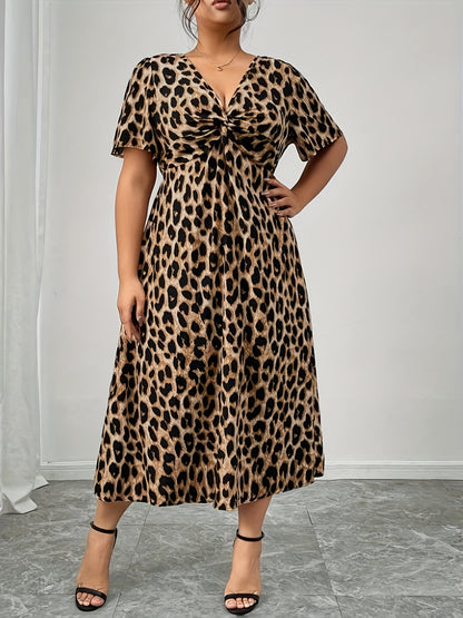 Elegant Leopard Print Midi Dress for Women with V Neck Flutter Sleeve Twist Front Flowing Style