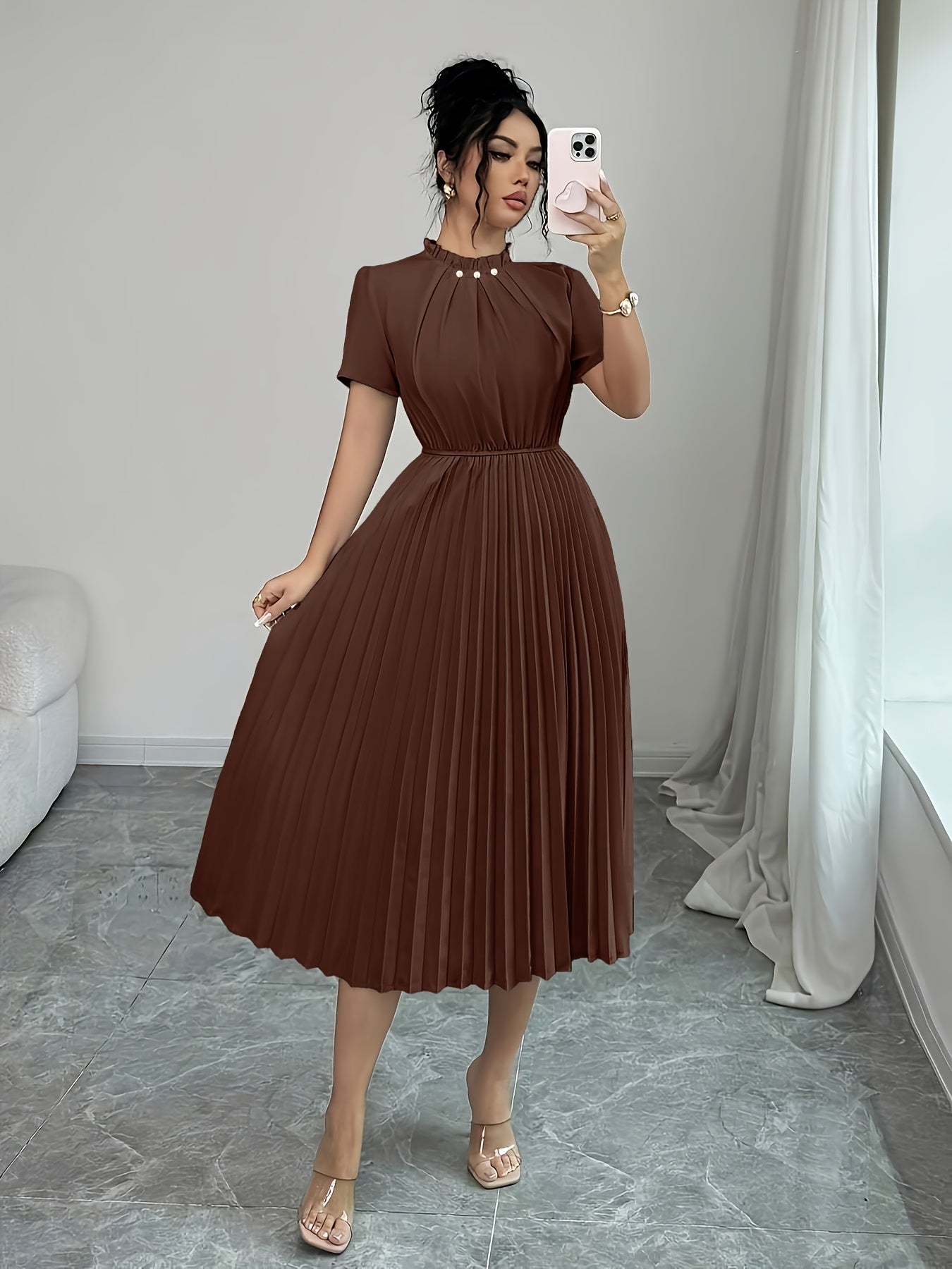 Elegant Apricot Pleated Midi Dress for Women with Ruffle Mock Neck Short Sleeve Pearl Detail Flowing Style