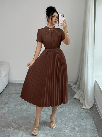 Elegant Apricot Pleated Midi Dress for Women with Ruffle Mock Neck Short Sleeve Pearl Detail Flowing Style