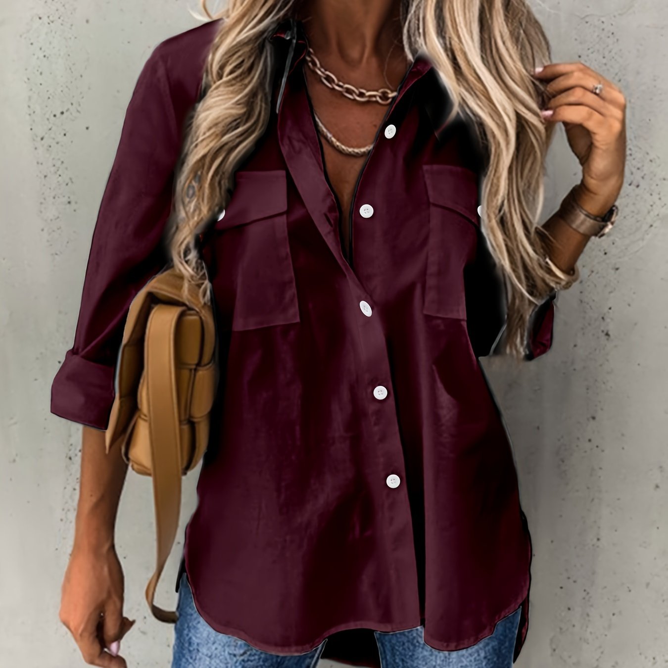 Effortless Utility Blouse for Women with Collar Long Sleeve Button Front Casual Style