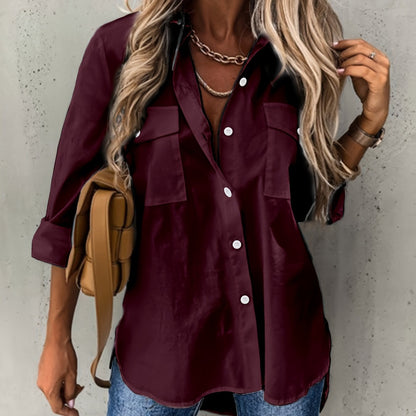 Effortless Utility Blouse for Women with Collar Long Sleeve Button Front Casual Style