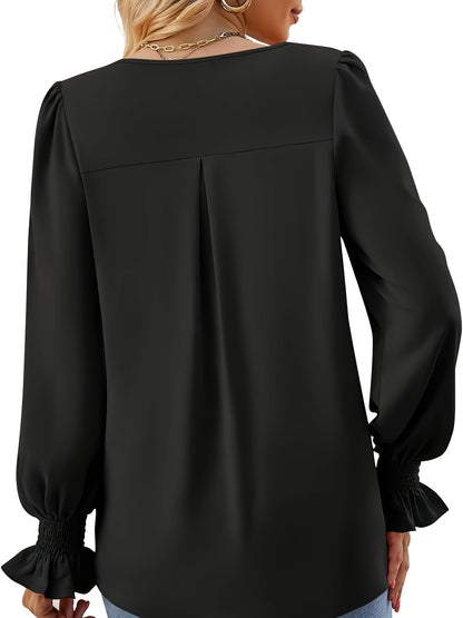 Elegant Pleated Blouse for Women with V Neck Balloon Sleeve Smocked Cuff Relaxed Style