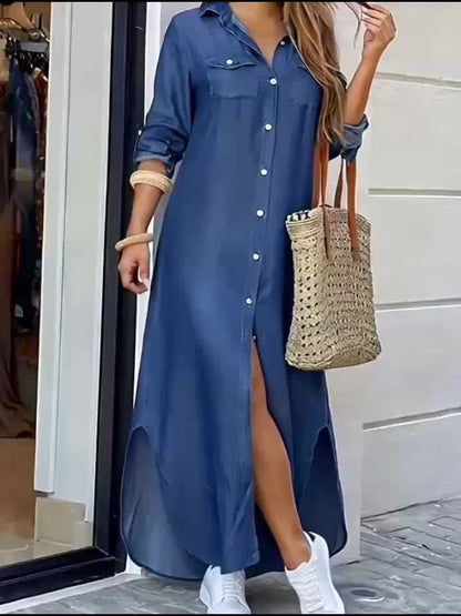 Elegant Blue Denim Shirt Maxi Dress for Women with Collar Long Sleeve Button Front High Low Style