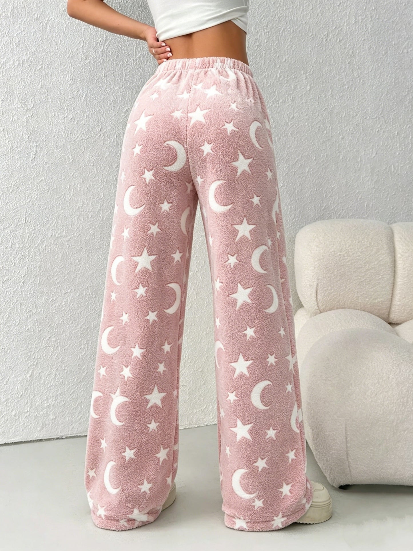 Comfortable Star Moon Print Fleece Pajama Pants for Women with High Waist Drawstring Wide Leg Cozy Style