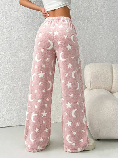 Comfortable Star Moon Print Fleece Pajama Pants for Women with High Waist Drawstring Wide Leg Cozy Style