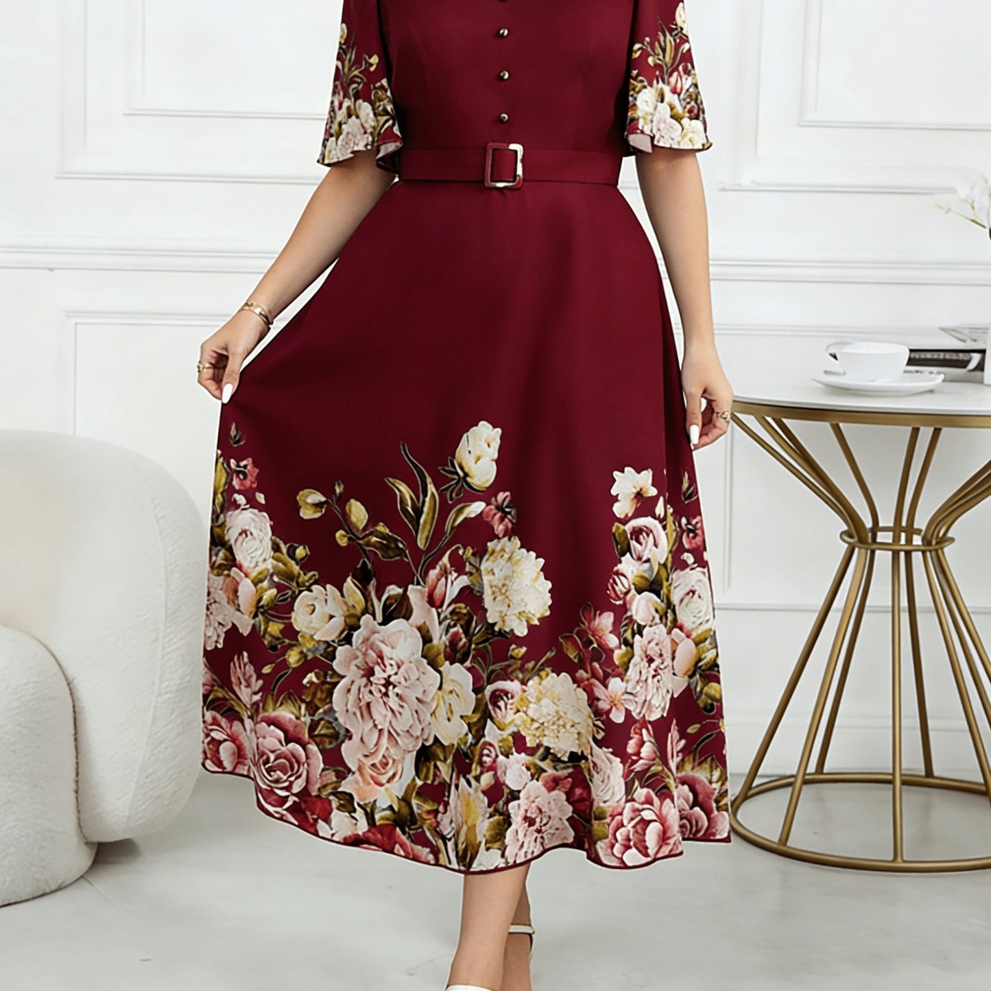 Effortless Floral Midi Dress for Women with V Neck Flutter Sleeve Belted A Line Style