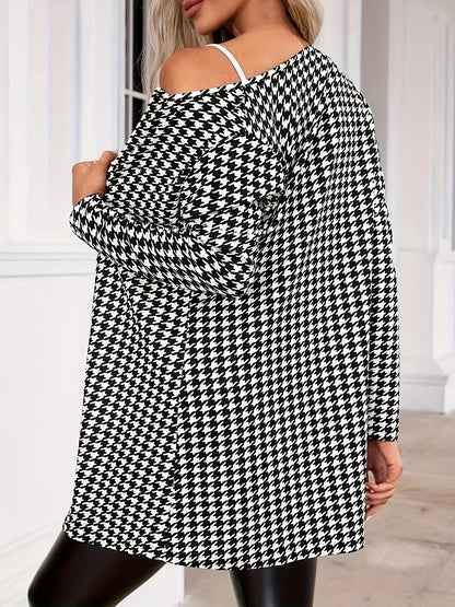 Elegant Houndstooth Longline Cardigan for Women with Open Front Long Sleeve Relaxed Knit Style