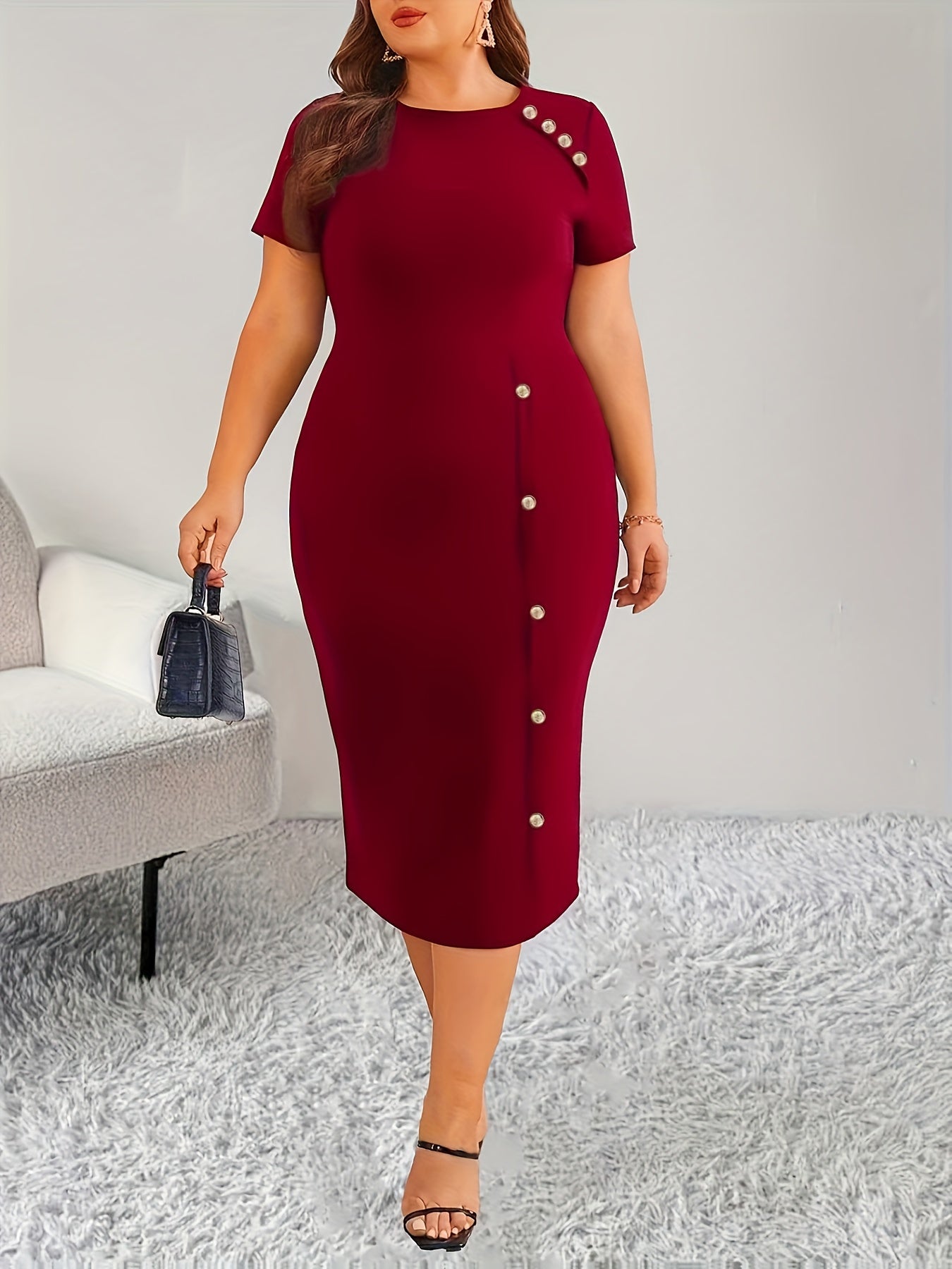 Elegant Bodycon Midi Dress for Women with Round Neck Short Sleeve Pearl Button Side Slit Cocktail Style