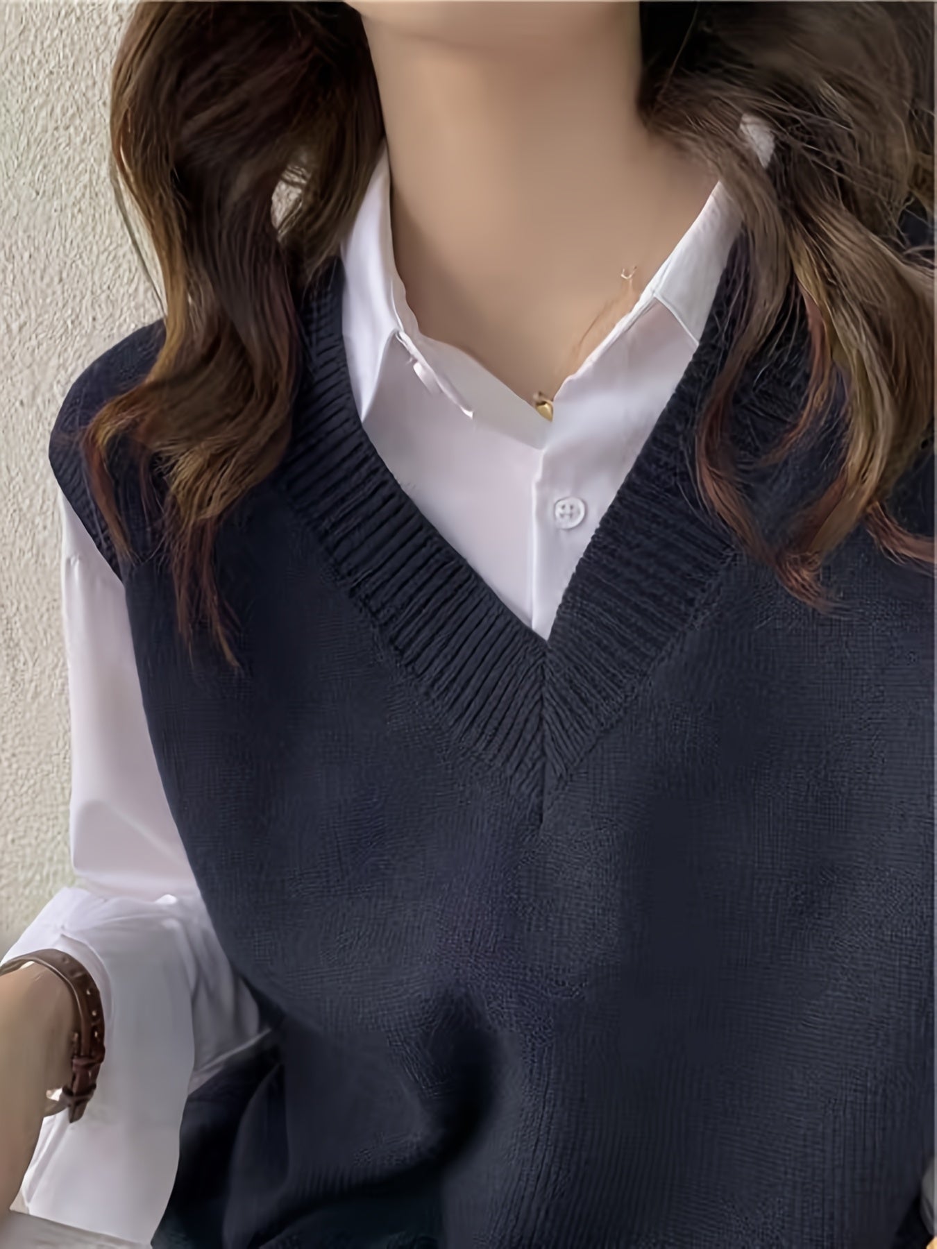 Comfortable Dark Blue Sweater Vest for Women with V Neck Sleeveless Ribbed Knit Relaxed Style