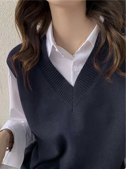 Comfortable Dark Blue Sweater Vest for Women with V Neck Sleeveless Ribbed Knit Relaxed Style
