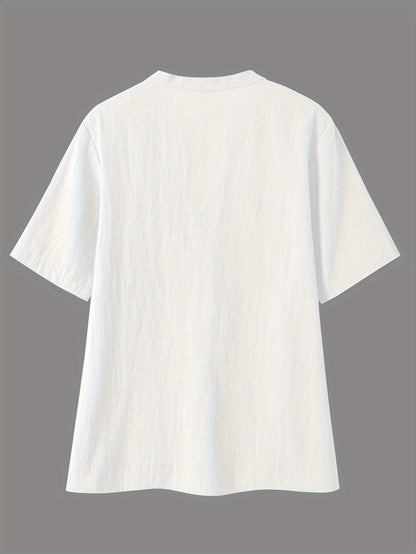 Effortless Textured Linen Blouse for Women with Notch V Neck Short Sleeve Button Front Relaxed Style