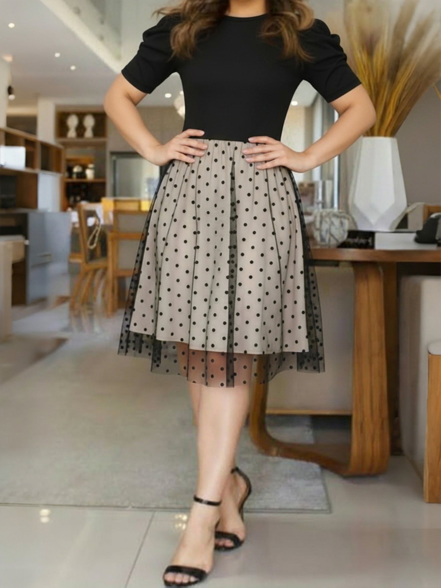 Elegant Black Polka Dot Midi Dress for Women with Round Neck Short Sleeve Mesh Overlay Cocktail Style