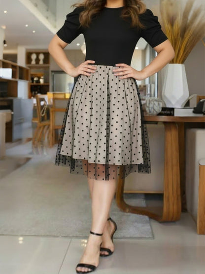 Elegant Black Polka Dot Midi Dress for Women with Round Neck Short Sleeve Mesh Overlay Cocktail Style