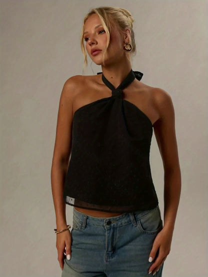 Elegant Black Swiss Dot Halter Top for Women with Sleeveless Sheer Tie Back Cropped Style