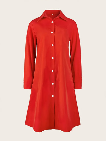 Elegant Red Shirt Dress for Women with Collar Long Sleeve Button Front A Line Midi Style