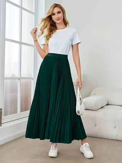 Elegant Dark Green Pleated Maxi Skirt for Women with High Waist Accordion Pleat Flowing A Line Style