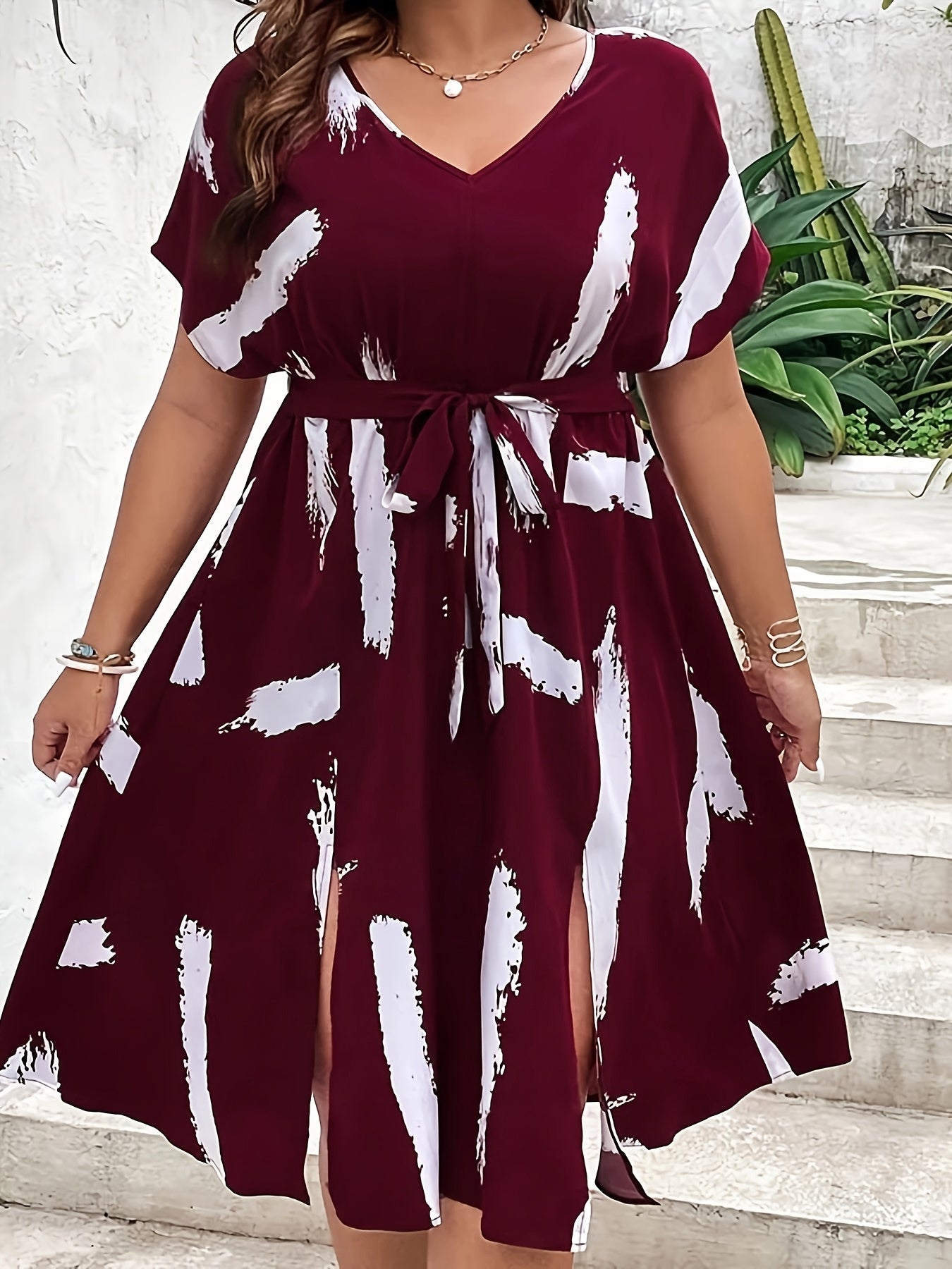 Effortless Burgundy Abstract Print Midi Dress for Women with V Neck Batwing Sleeve Belted Side Slit Flowing Style