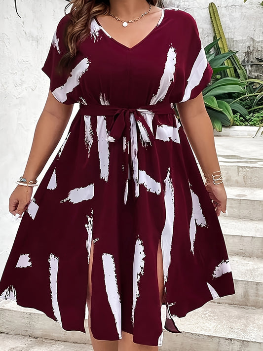 Effortless Burgundy Abstract Print Midi Dress for Women with V Neck Batwing Sleeve Belted Side Slit Flowing Style