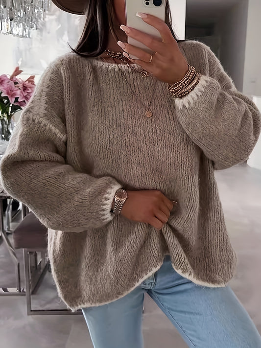Comfortable Chenille Knit Sweater for Women with Crew Neck Balloon Sleeve Contrast Stitch Oversized Style