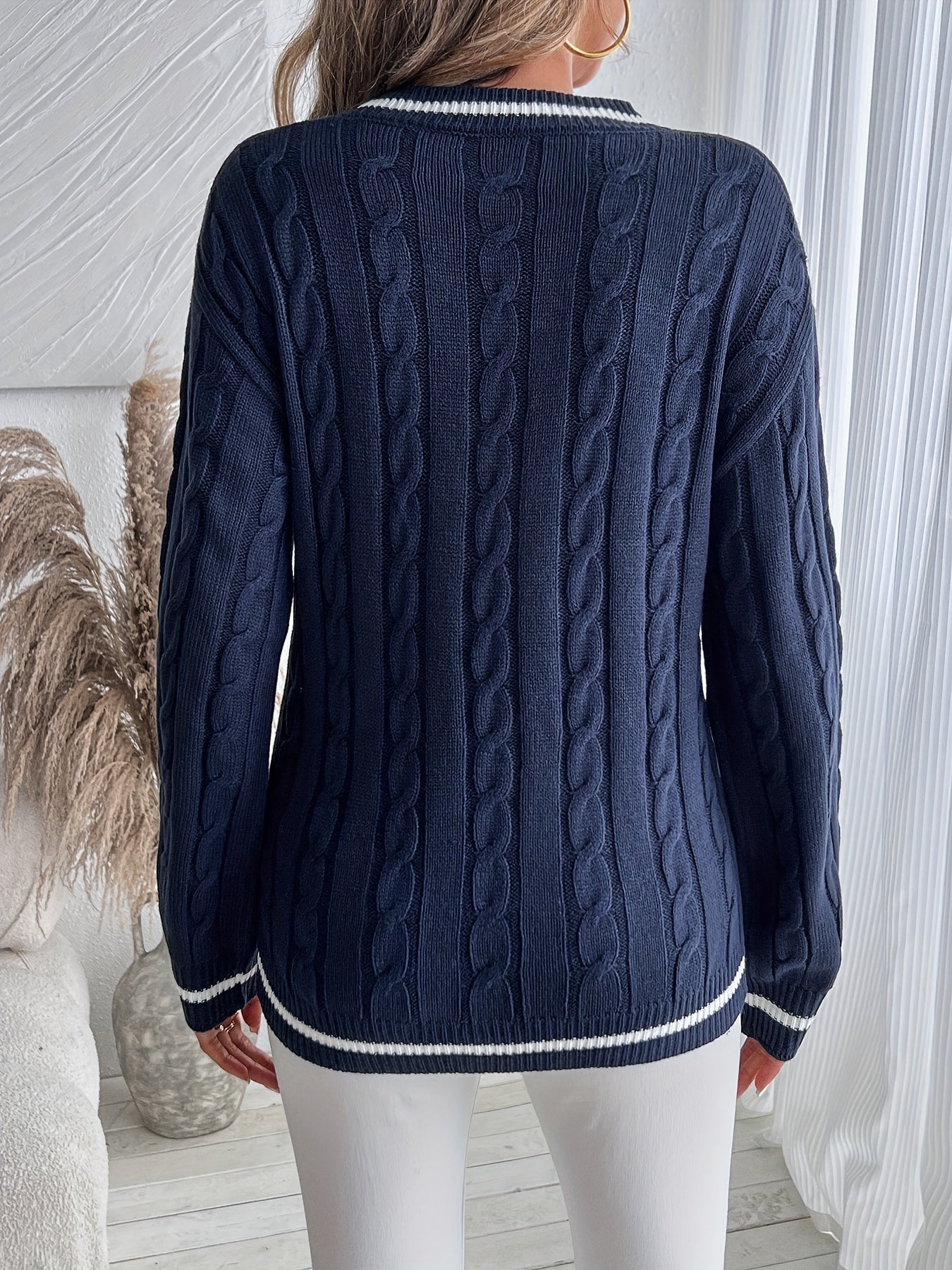 Comfortable Cable Knit Sweater for Women with V Neck Long Sleeve Contrast Stripe Relaxed Varsity Style