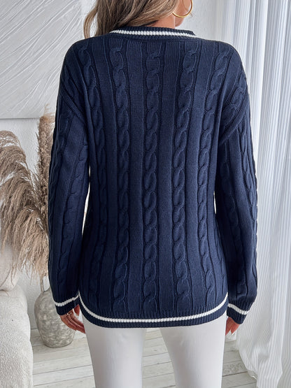 Comfortable Cable Knit Sweater for Women with V Neck Long Sleeve Contrast Stripe Relaxed Varsity Style
