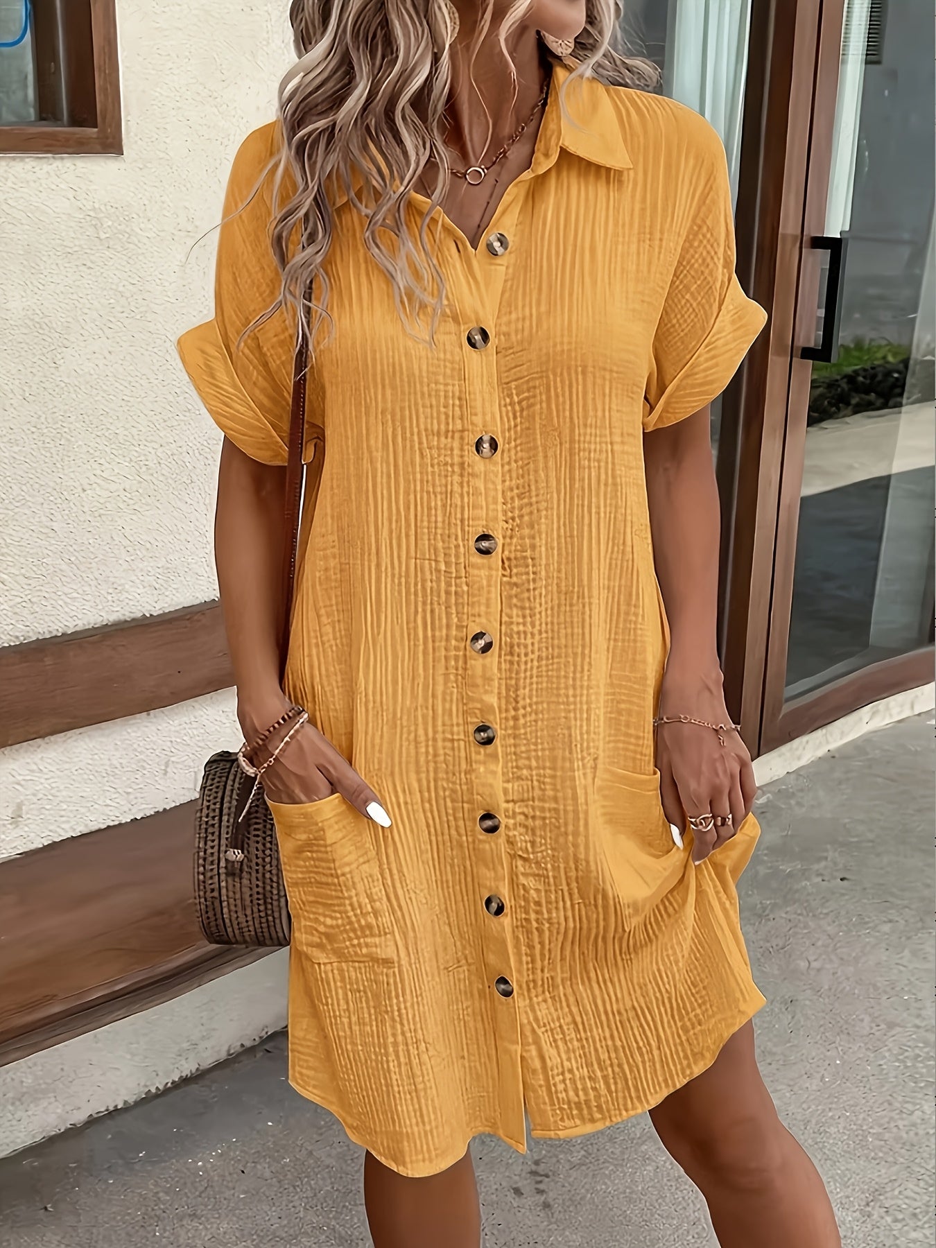 Effortless Textured Cotton Shirt Dress for Women with Collar Short Sleeve Button Front Relaxed Style