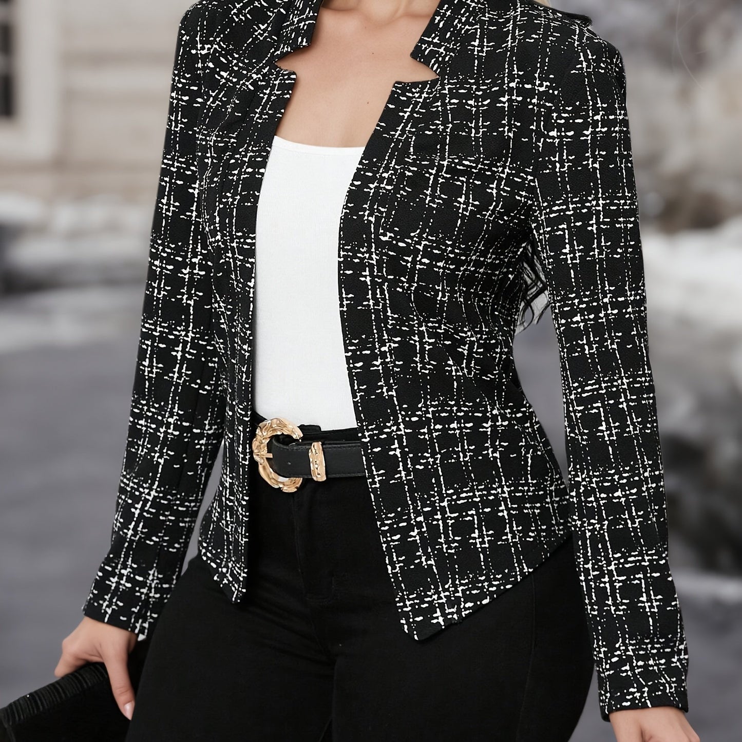 Elegant Tweed Plaid Blazer for Women with Notched Collar Long Sleeve Open Front Asymmetric Hem Casual Style