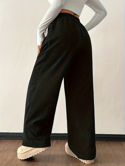 Effortless Dark Brown Corduroy Wide Leg Pants for Women with High Waist Drawstring Relaxed Casual Style