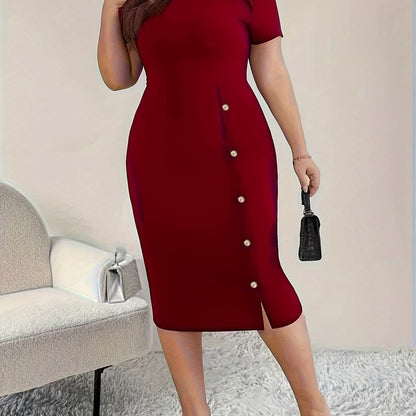 Elegant Bodycon Midi Dress for Women with Round Neck Short Sleeve Pearl Button Side Slit Cocktail Style