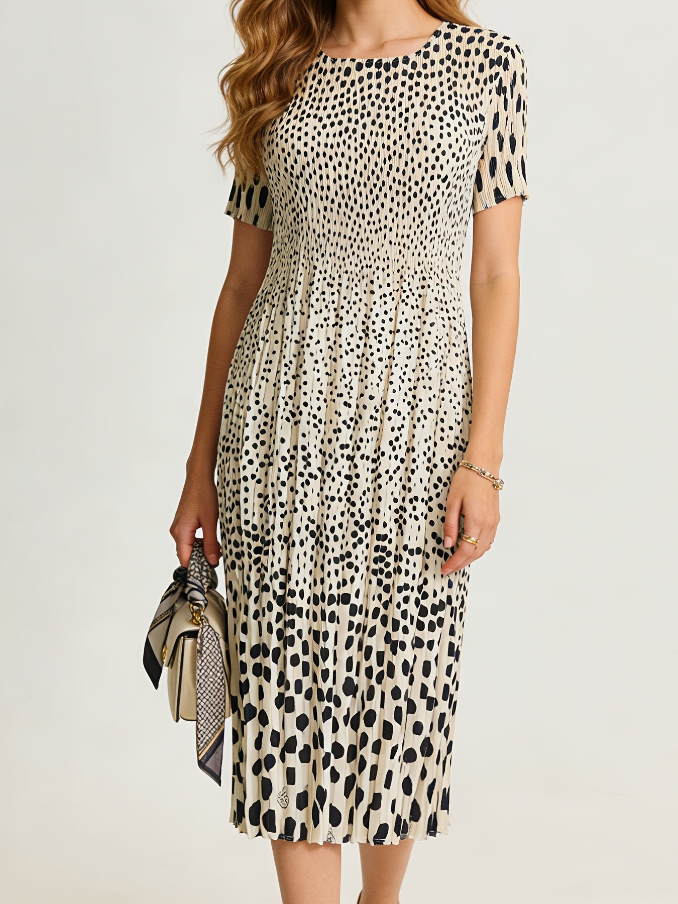 Elegant Polka Dot Pleated Midi Dress for Women with Round Neck Short Sleeve Fitted Waist Flowing Style