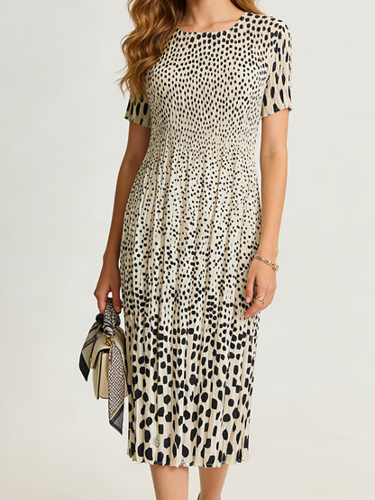 Elegant Polka Dot Pleated Midi Dress for Women with Round Neck Short Sleeve Fitted Waist Flowing Style
