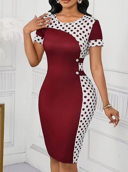 Elegant Polka Dot Colorblock Midi Dress for Women with Round Neck Short Sleeve Button Detail Bodycon Style