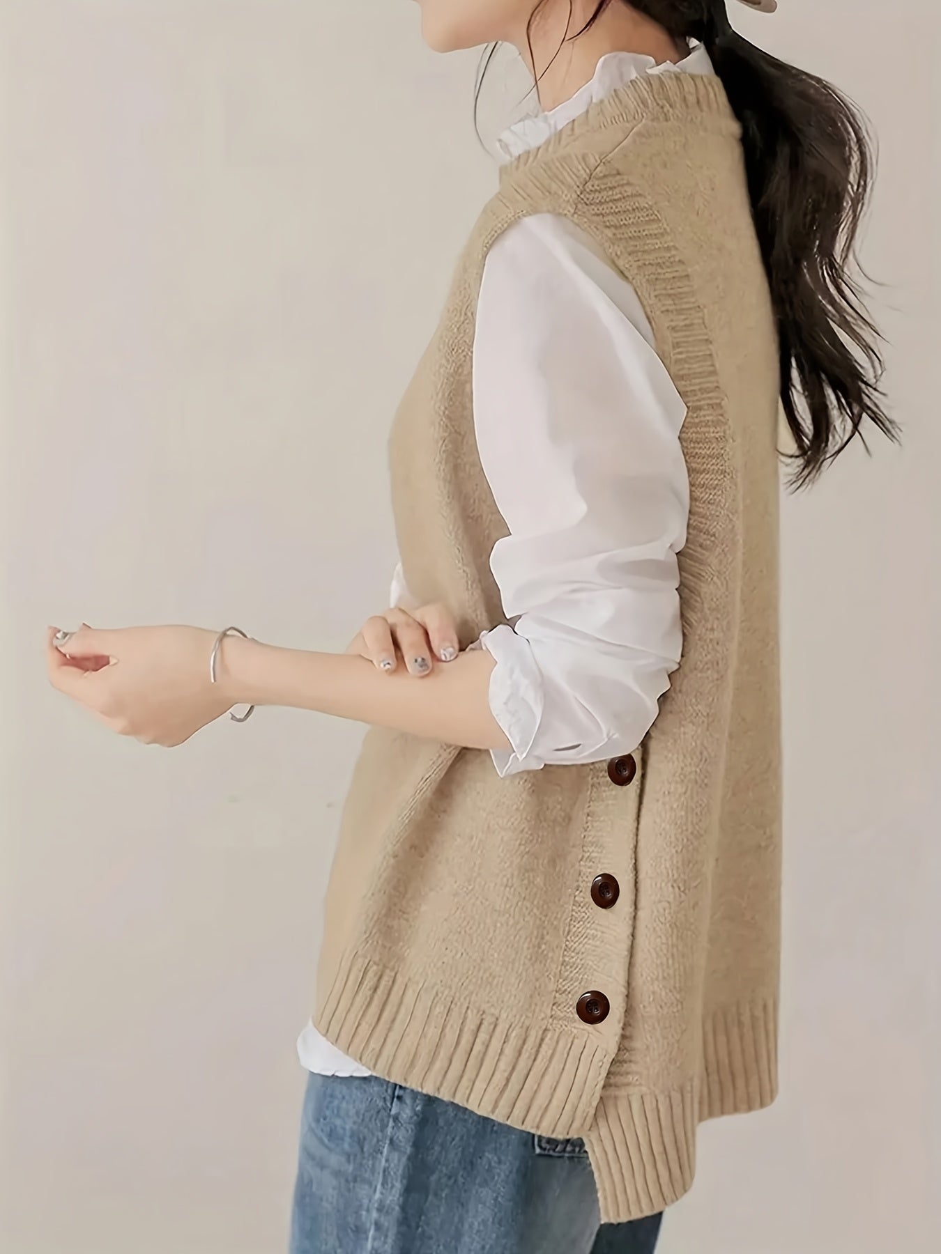 Comfortable Knit Sweater Vest for Women with Mock Neck Sleeveless Side Button Relaxed Style