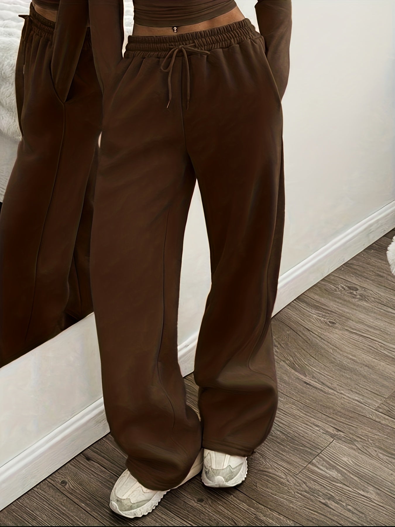 Effortless Coffee Brown Wide Leg Pants for Women with High Waist Drawstring Relaxed Flowing Casual Style