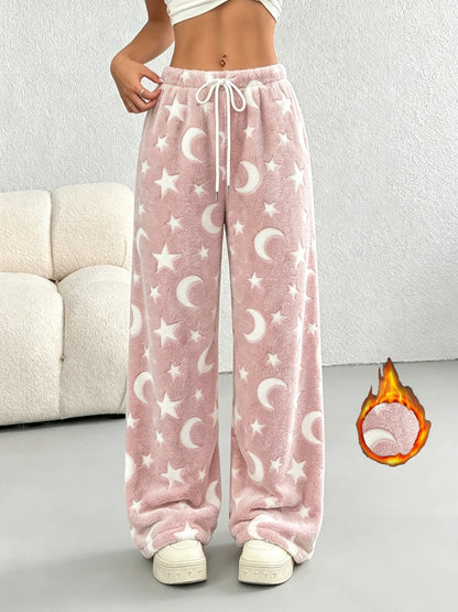 Comfortable Star Moon Print Fleece Pajama Pants for Women with High Waist Drawstring Wide Leg Cozy Style