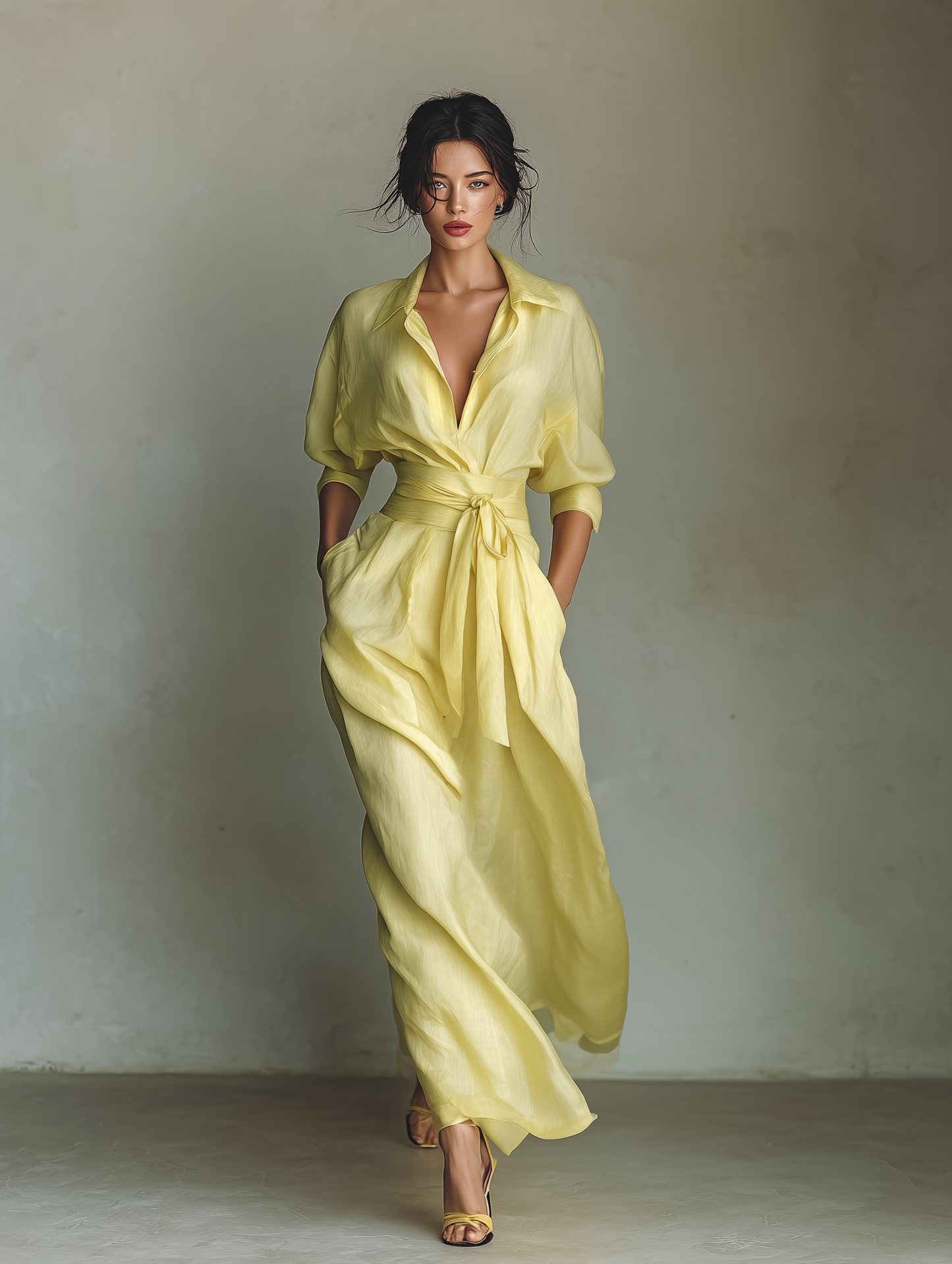 Elegant Yellow Linen Maxi Dress for Women with Collar Neck Elbow Sleeve Wrap Tie Waist Flowing Style