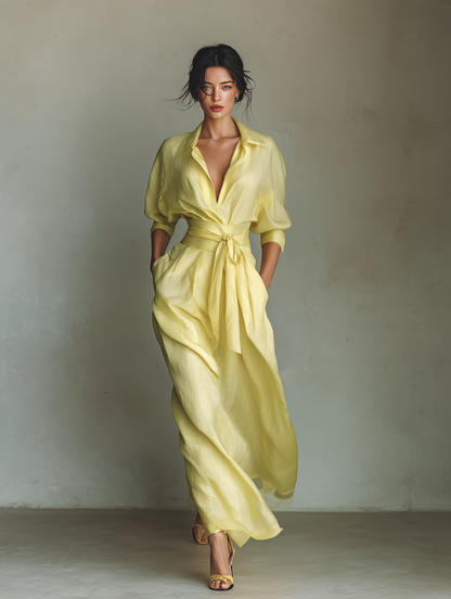 Elegant Yellow Linen Maxi Dress for Women with Collar Neck Elbow Sleeve Wrap Tie Waist Flowing Style