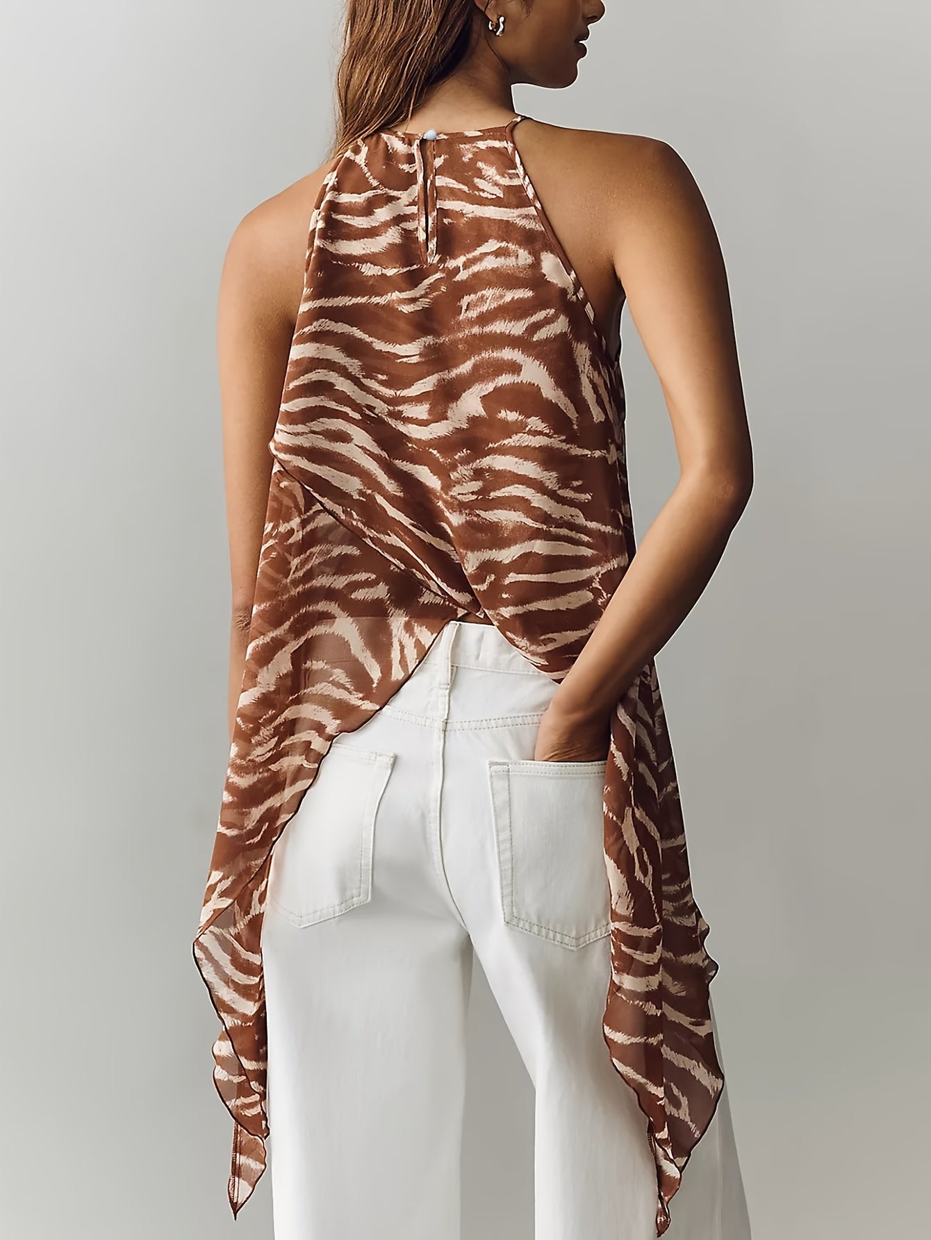 Elegant Brown Zebra Print Halter Top for Women with Sleeveless Asymmetrical Wrap Hem Flowing Style