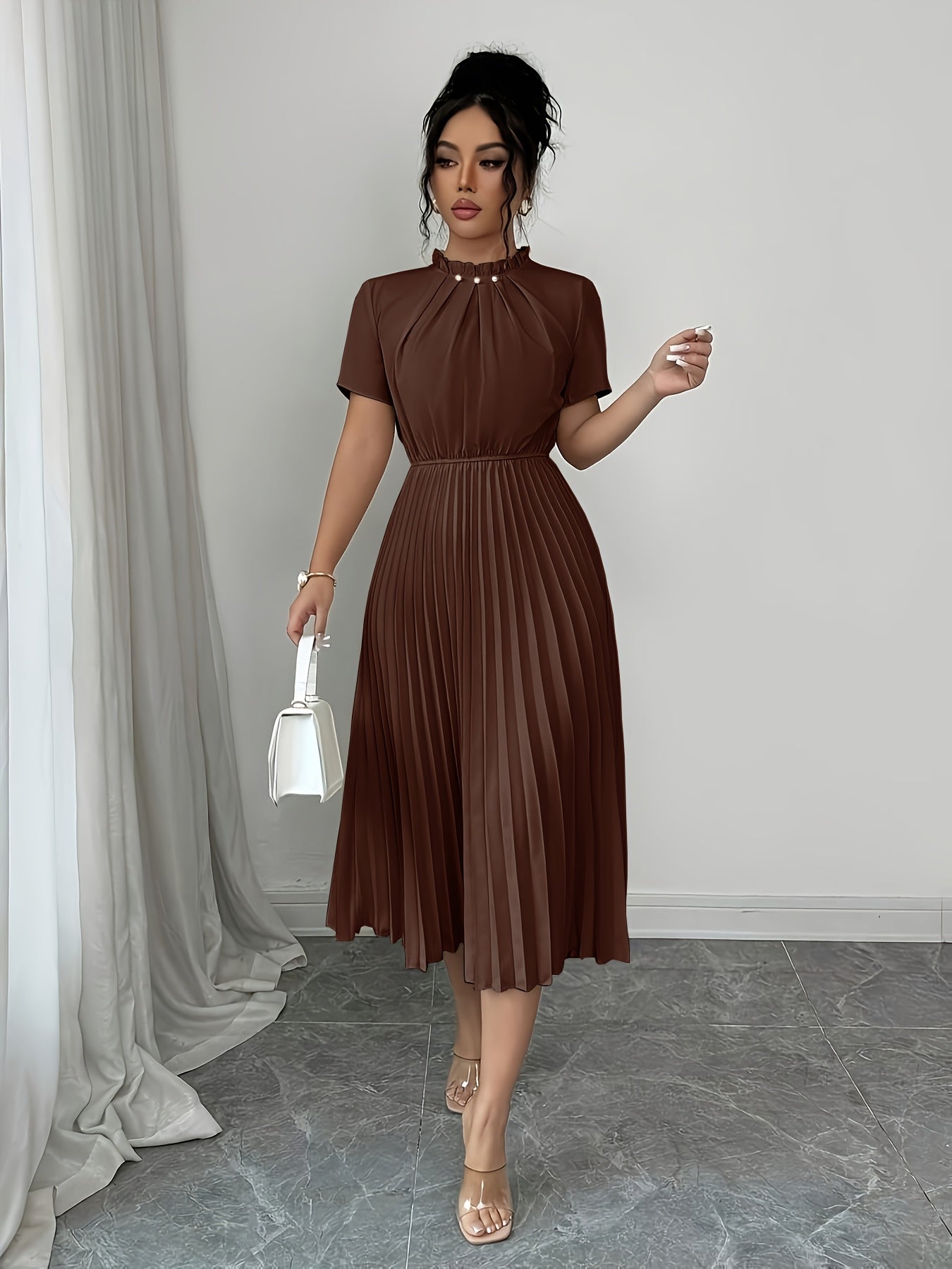 Elegant Apricot Pleated Midi Dress for Women with Ruffle Mock Neck Short Sleeve Pearl Detail Flowing Style
