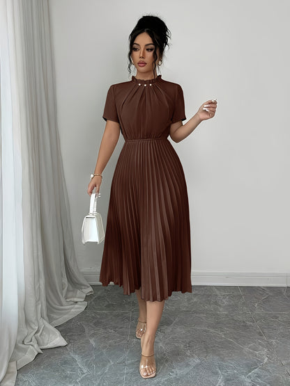 Elegant Apricot Pleated Midi Dress for Women with Ruffle Mock Neck Short Sleeve Pearl Detail Flowing Style