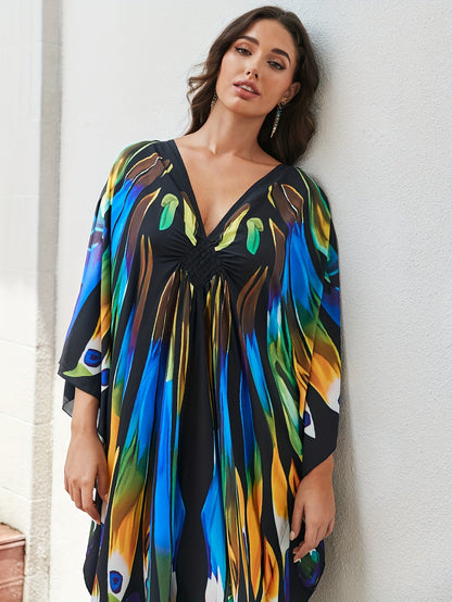 Elegant Multicolor Peacock Print Kaftan Maxi Dress for Women with V Neck Batwing Sleeve Flowing Bohemian Style