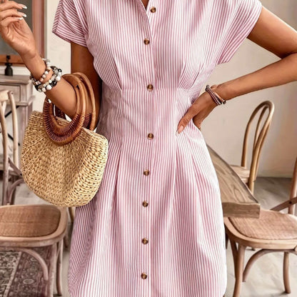 Elegant Striped Short-Sleeve A-Line Shirt Dress for Women, High-Waist Button-Up Casual Summer Office Dress in Light Pastel, Comfortable Polyester Fabric, French-Style, Solid Color, Women's Shirt Dress, Casual Shirt Dress, High-Waist, Office Dress