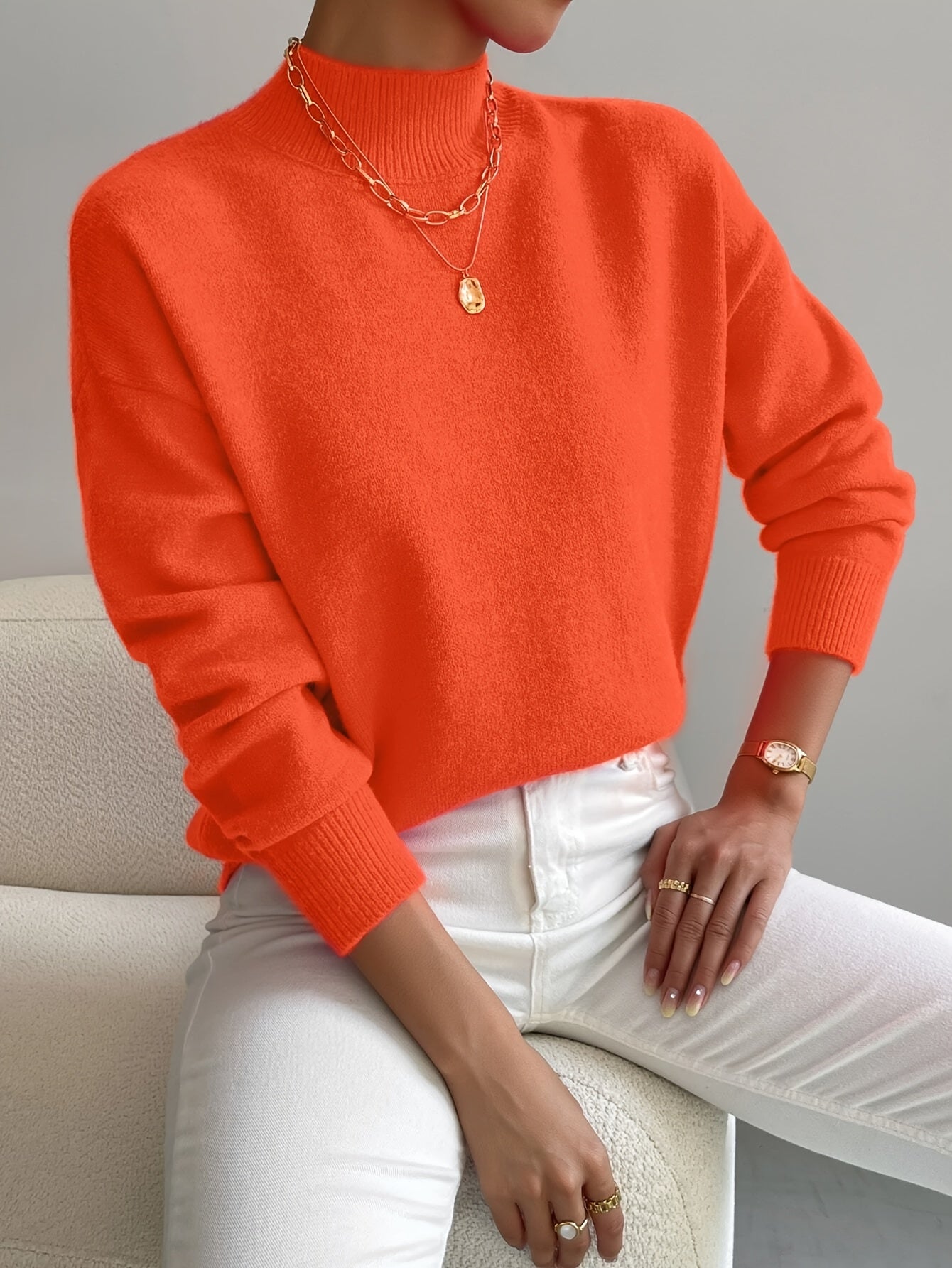 Comfortable Ribbed Sweater for Women with High Neck Long Sleeve Relaxed Oversized Knit Style