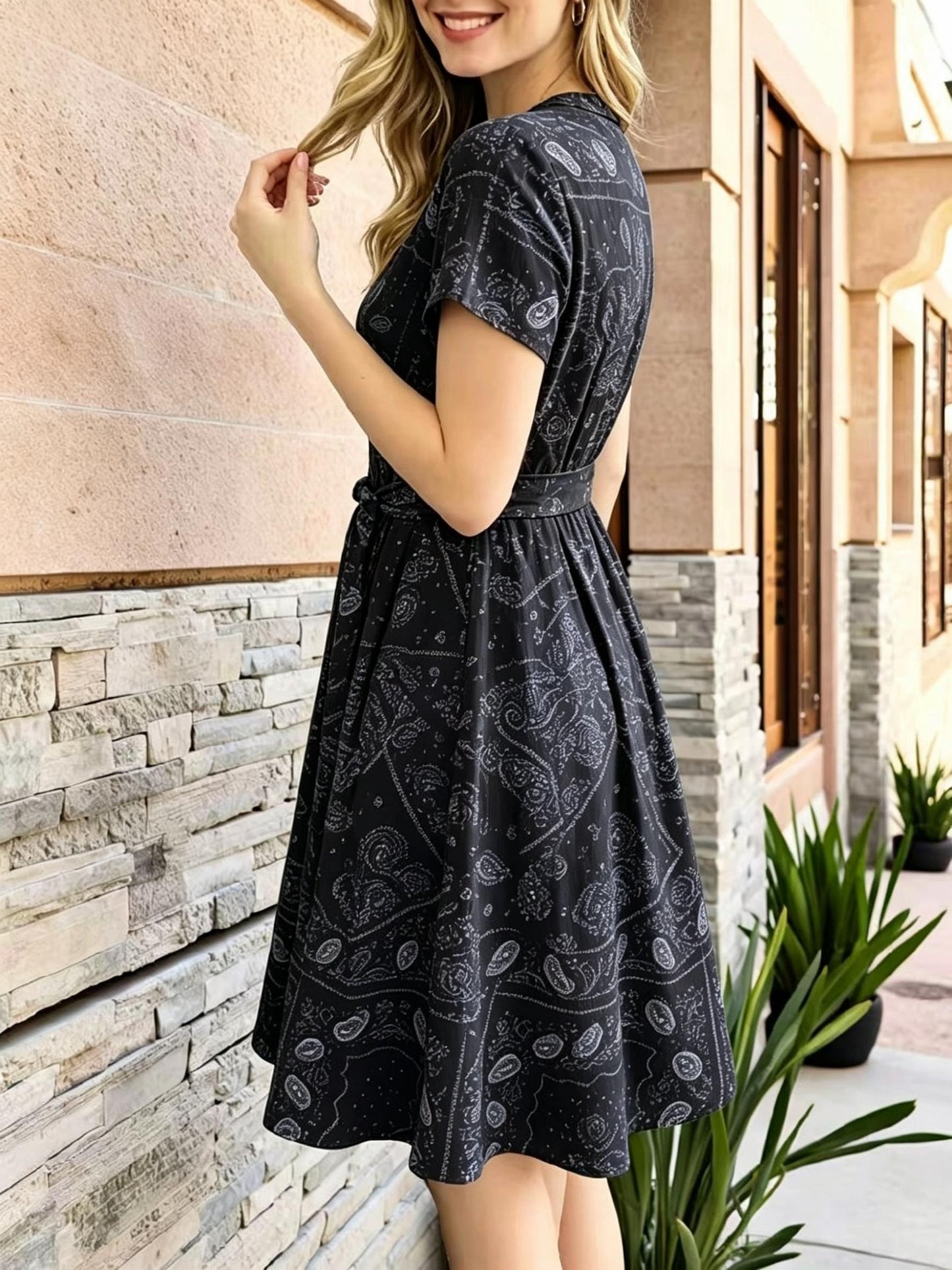 Elegant Paisley Print Shirt Dress for Women with V Neck Short Sleeve Belted Fit and Flare Style