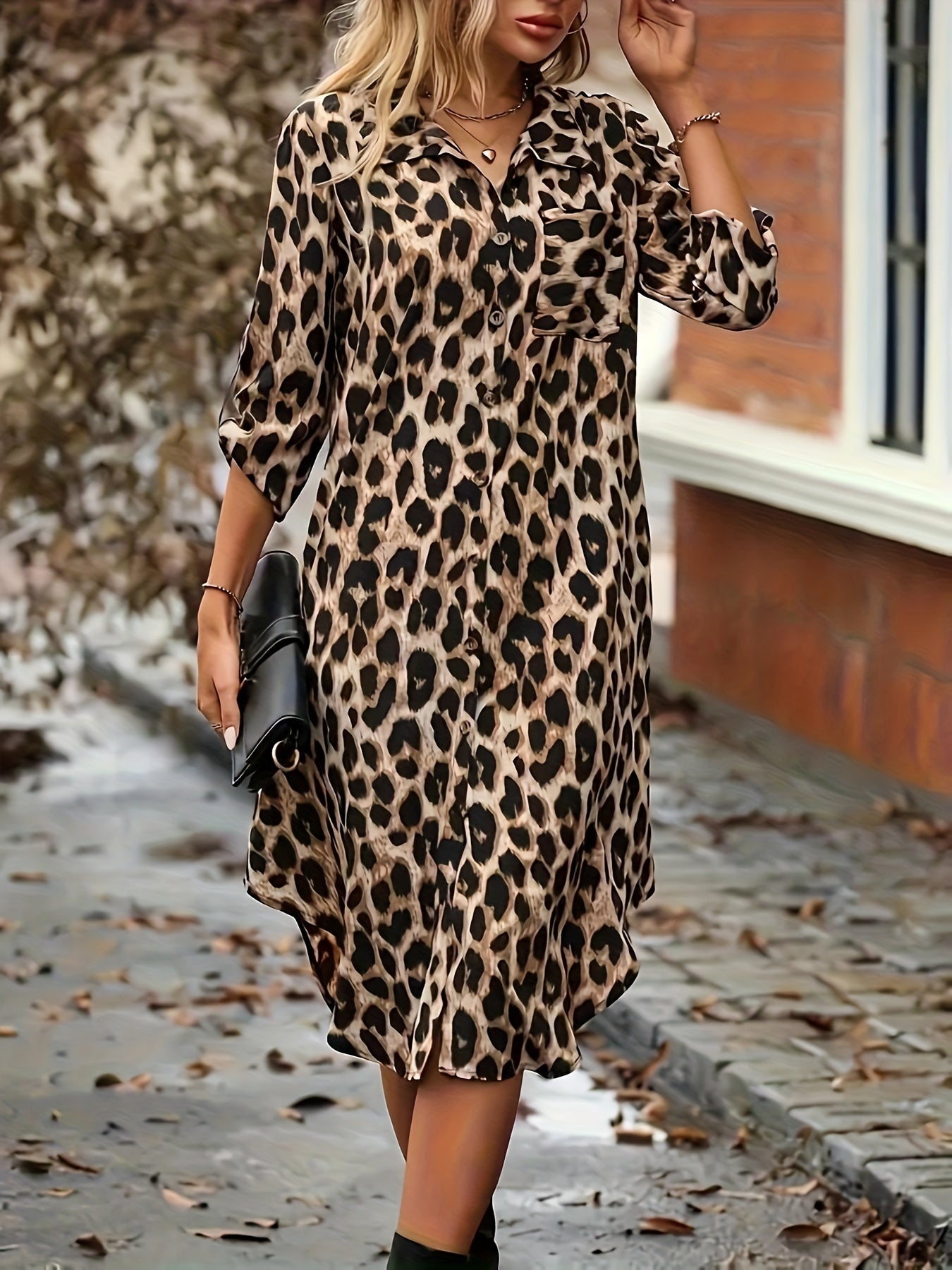 Elegant Leopard Print Midi Dress for Women with Collar Three Quarter Sleeve Button Front Side Slit Style
