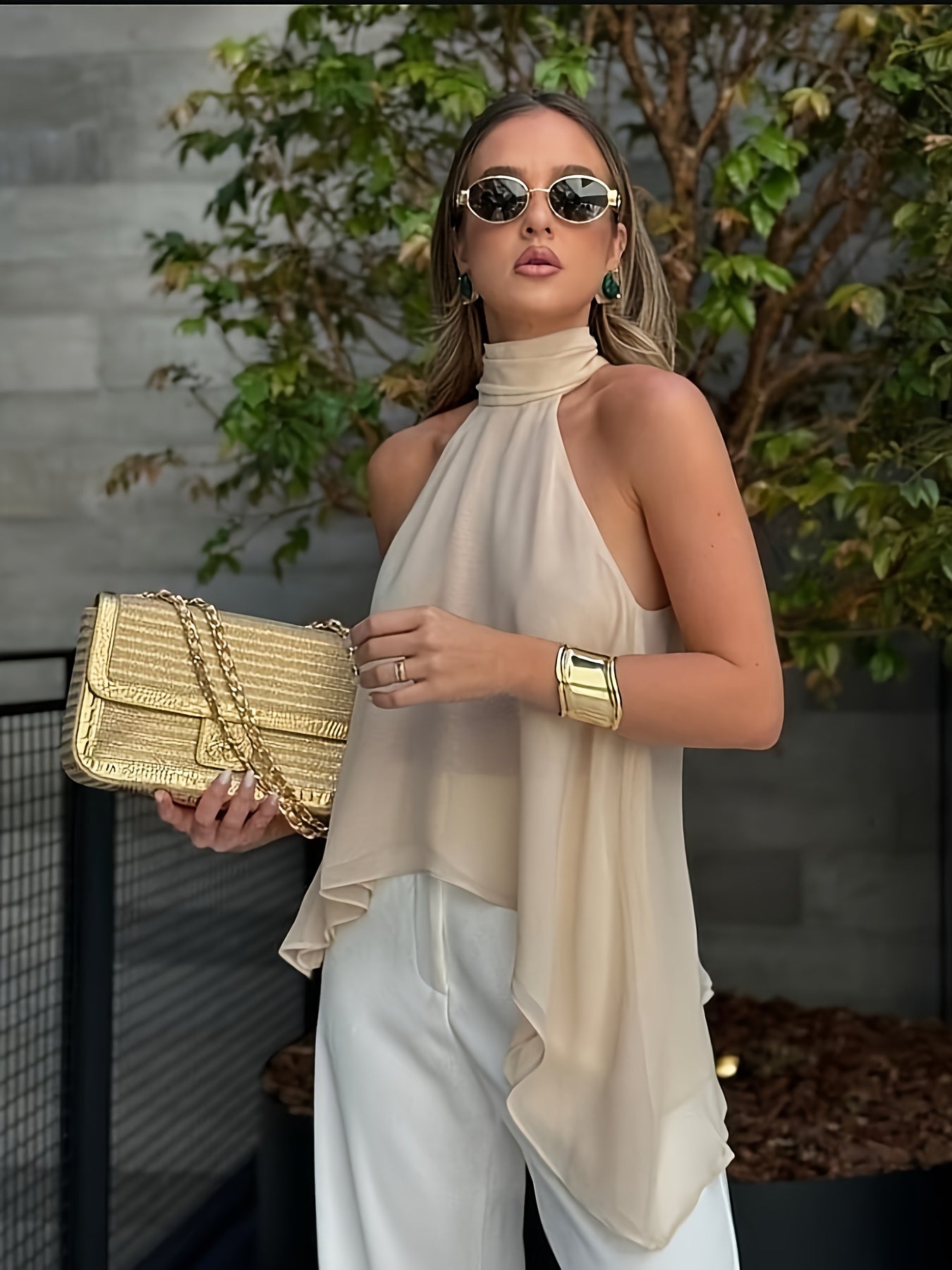 Elegant Chiffon Halter Blouse for Women with High Neck Sleeveless Flowing Asymmetrical Style