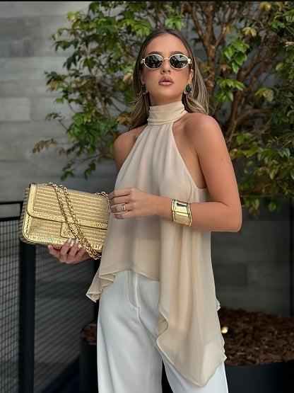 Elegant Chiffon Halter Blouse for Women with High Neck Sleeveless Flowing Asymmetrical Style